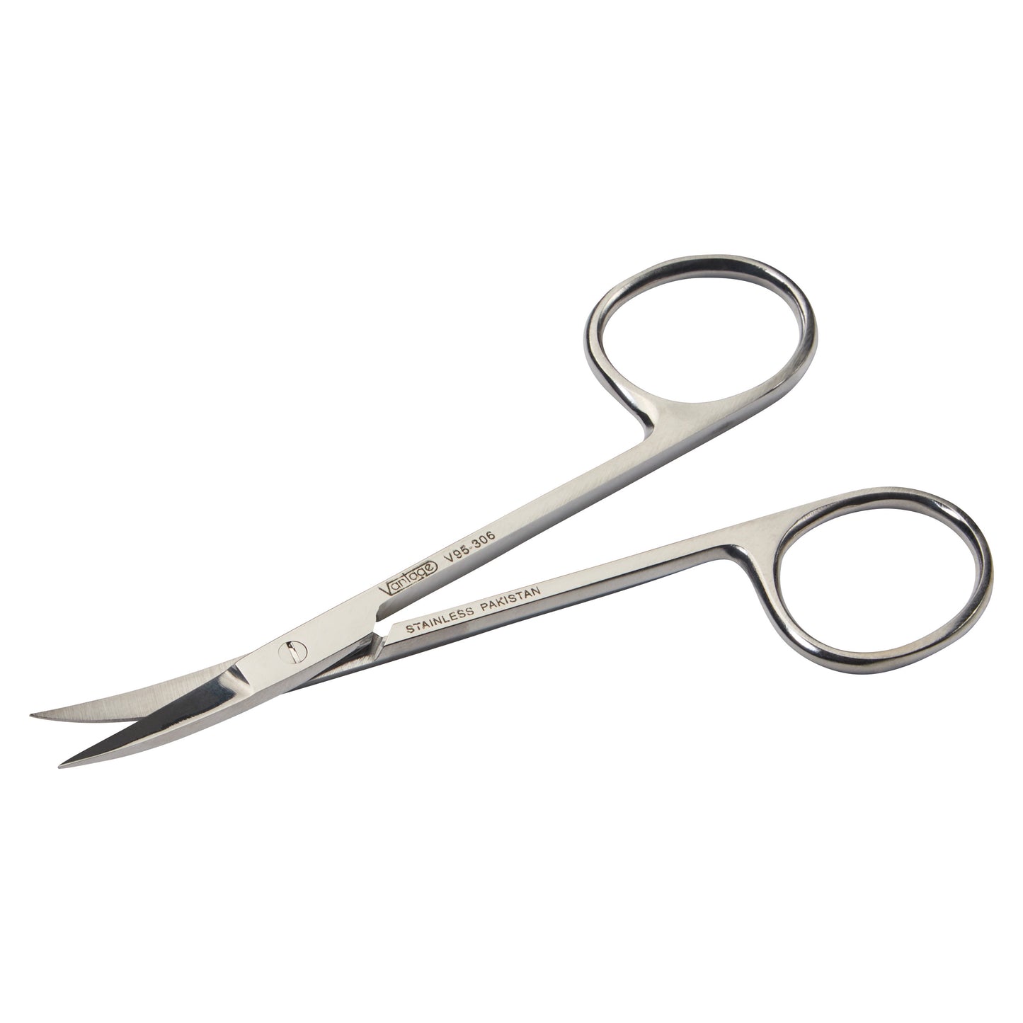 Miltex Vantage Iris Scissors made of stainless steel with curved blades and finger loops, designed for precision cutting.