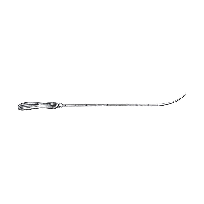 A Sims Uterine Sound with a curved, graduated metal rod and a handle designed for gynecological procedures.