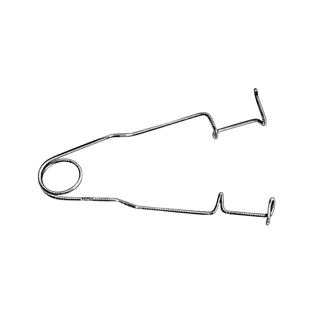 The Miltex Plain Wire Eye Speculum is a metal device used to hold the eyelids apart during medical examinations or procedures.