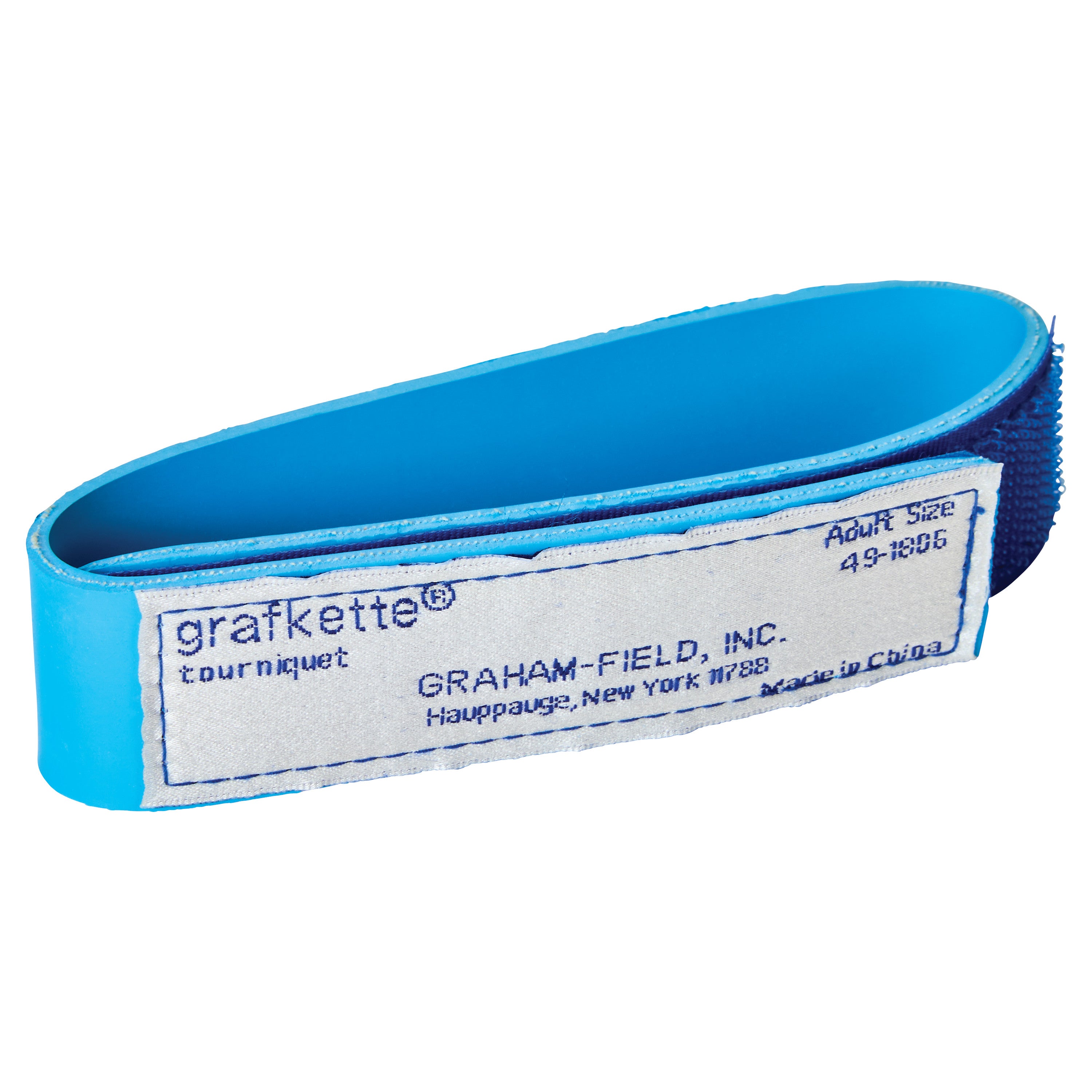 Grafkette Tourniquet in light blue with a label showing details from Graham-Field, Inc., including adult size and origin.