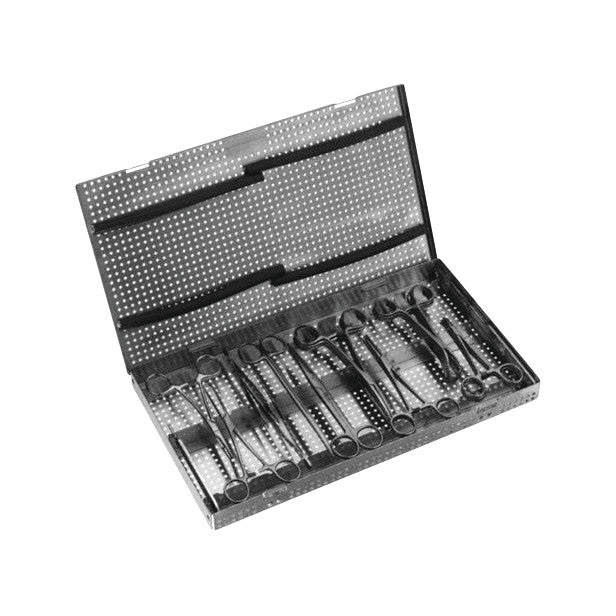 Miltex Veterinary General Surgery Pack with various surgical instruments neatly organized in an open, perforated metal case.