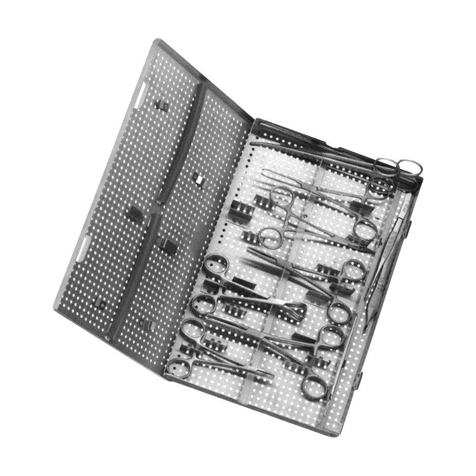 The Miltex Canine Spay Pack includes a set of surgical instruments organized in a perforated case, featuring scissors and forceps.