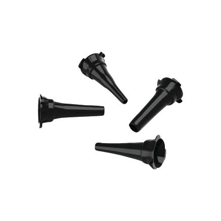 Four black specula from the Welch Allyn Otoscope Polypropylene Specula Set are arranged on a white background.