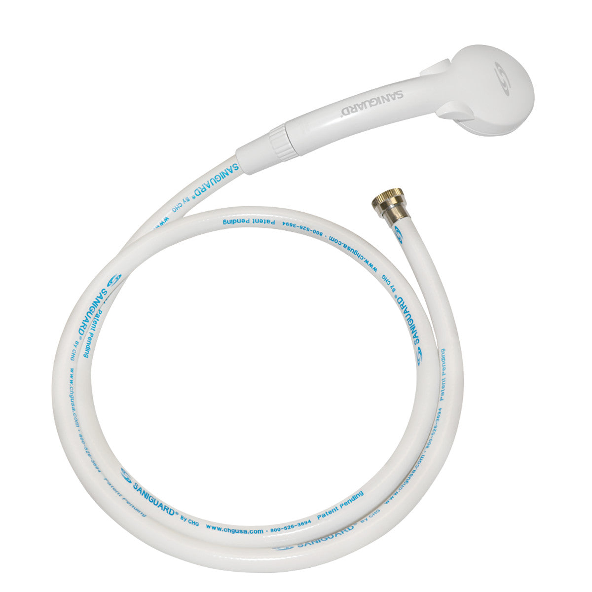 The Encore SaniShower Eco-Friendly Hand Shower featuring a white handheld showerhead and flexible hose with a metal connector.