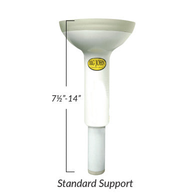Big John Wall-Mount Toilet Support, adjustable from 7.5" to 14", with white cylindrical design and labeled logo on the side.