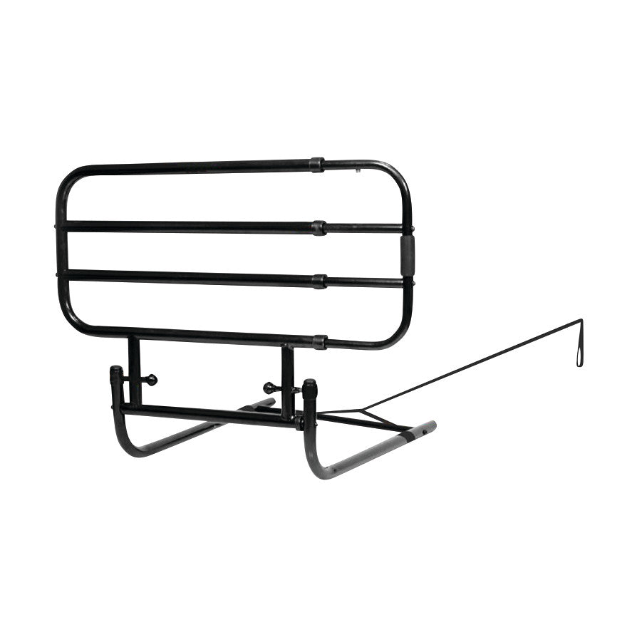 The Stander EZ Adjust Bed Rail, a black, adjustable safety rail with a supporting leg and securing strap.