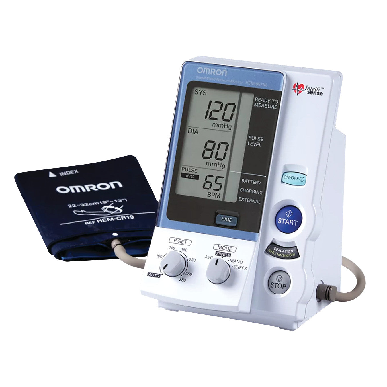 Omron Professional Intellisense Blood Pressure Monitor HEM-907XL with a digital display showing readings and attached cuff.