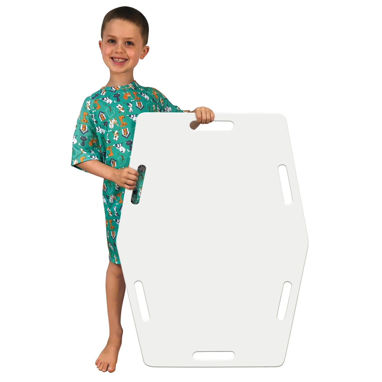 A child in a hospital gown holds an AliMed AliSlide Half Shifter, a white, rectangular transfer board with hand holes.