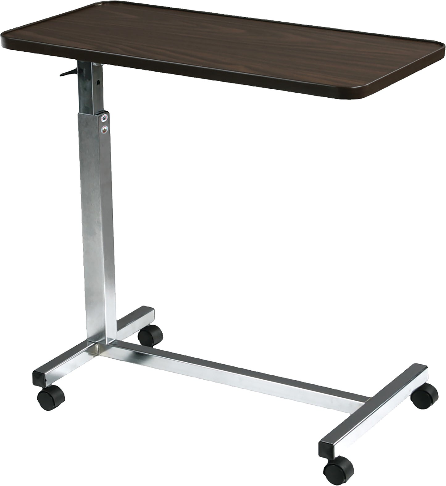 Drive Medical Tilt-Top Overbed Table with adjustable height, walnut wood-grain surface, and rolling casters for easy mobility.