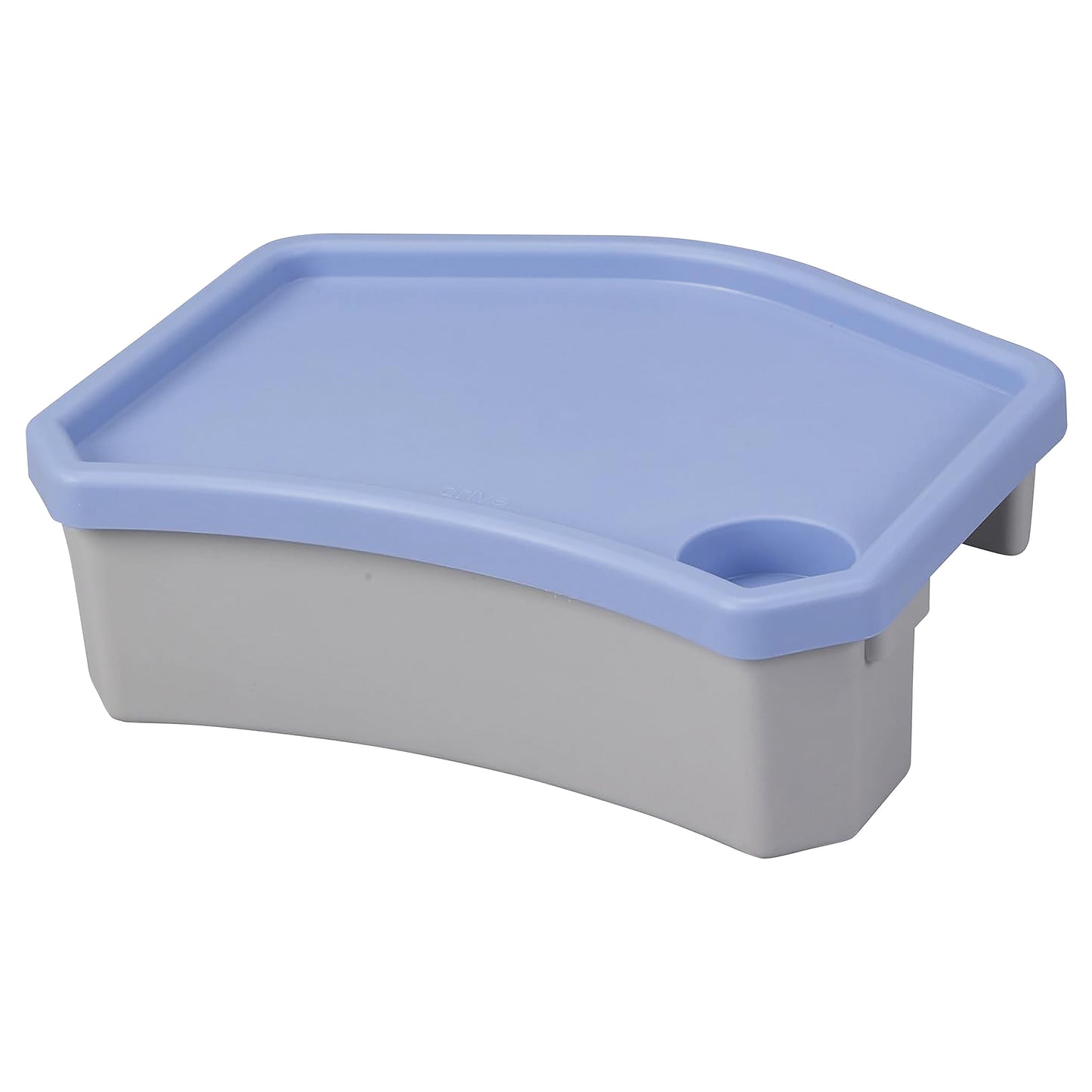 The Drive Medical E-Z Walker Caddy. It is a gray storage box with a light blue lid featuring a cup holder.