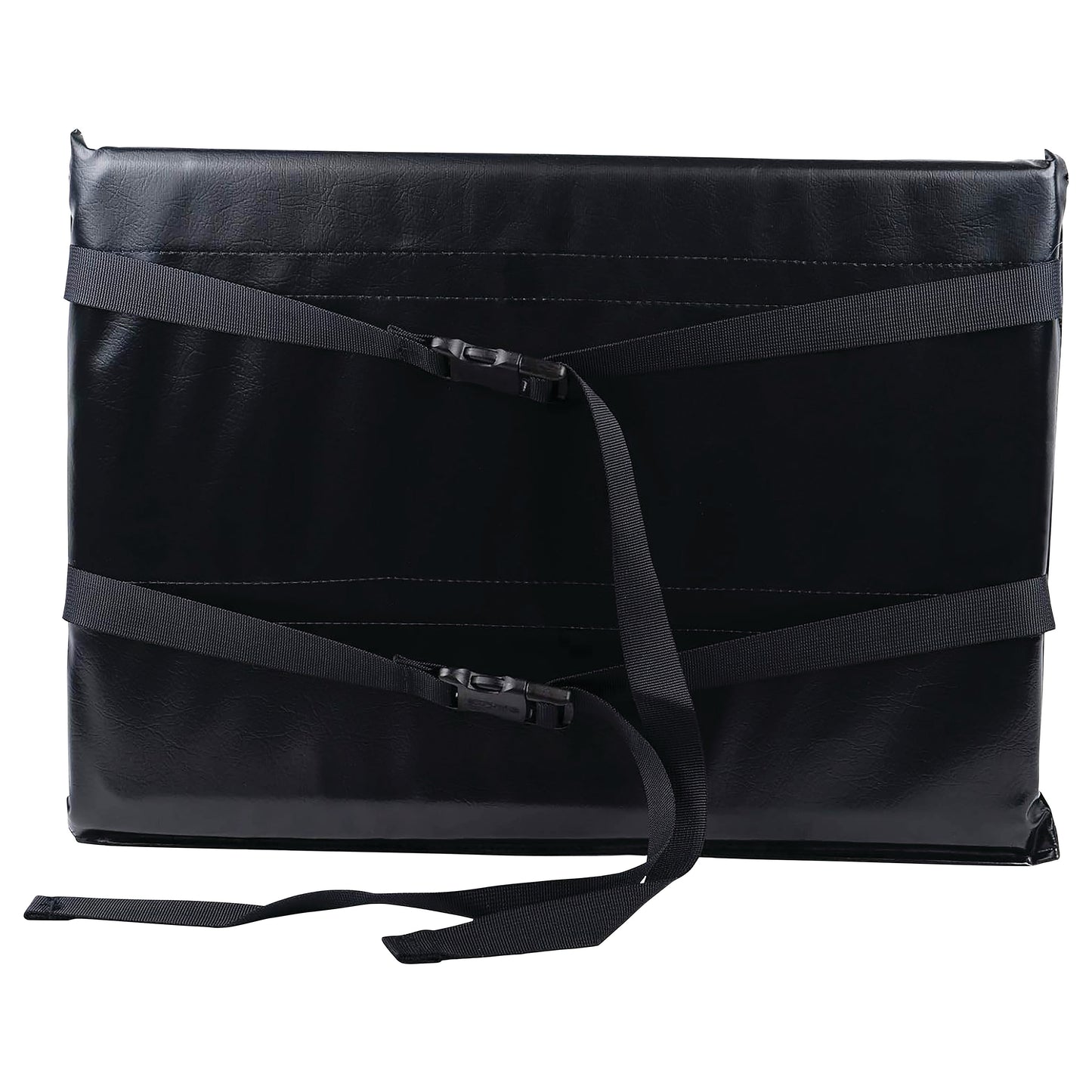 A SkiL-Care Wheelchair Leg Support with black leather-look material, featuring adjustable straps and buckles for attachment.