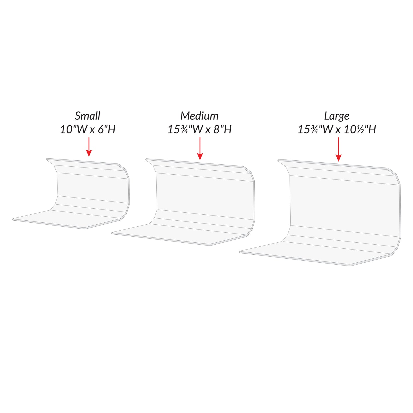 Three sizes of AliMed Curved Toboggan Arm/Leg Guard are shown: Small (10"W x 6"H), Medium (15"W x 8"H), Large (15"W x 10"H).