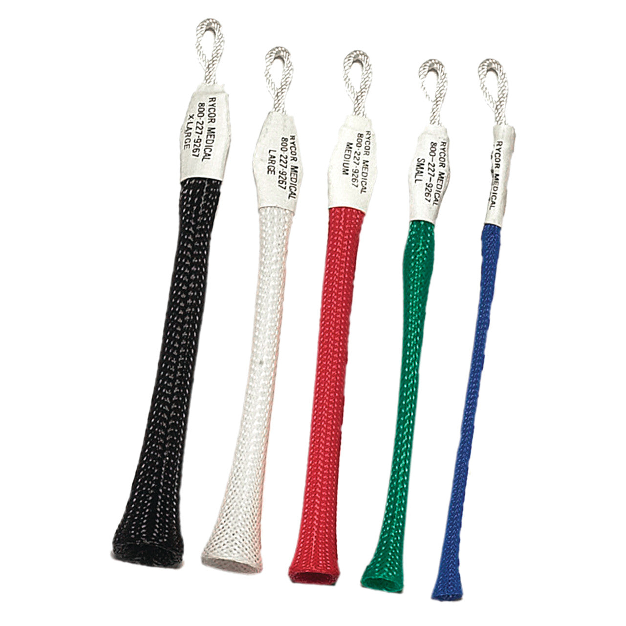 Five AliMed Autoclavable Soft Touch Single Finger Traps in black, white, red, green, and blue with metal loops on top.