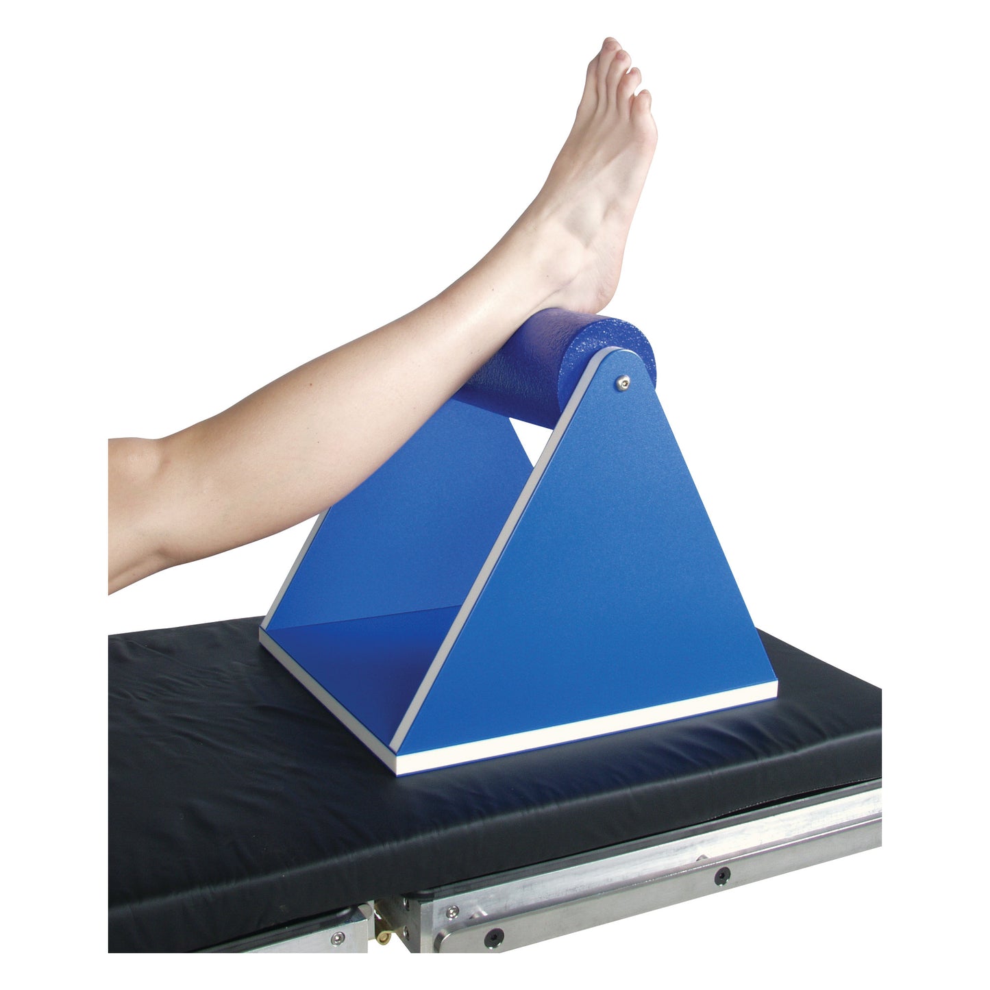 The AliMed Rhino Board Lower Extremities Prepper, a blue triangular support with a leg resting on it.