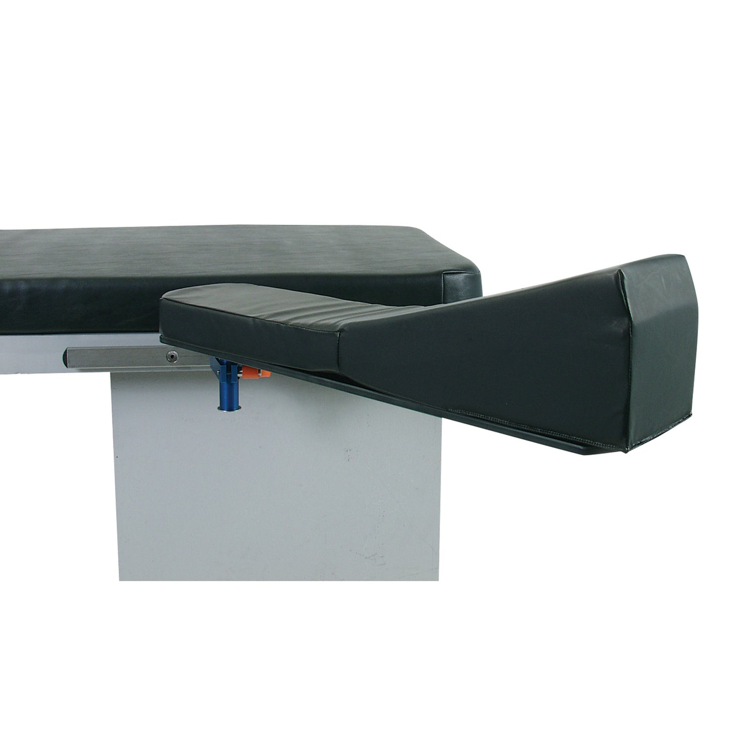 AliMed Incline Armboard Cushion attached to an examination table, featuring black padding for patient comfort during procedures.