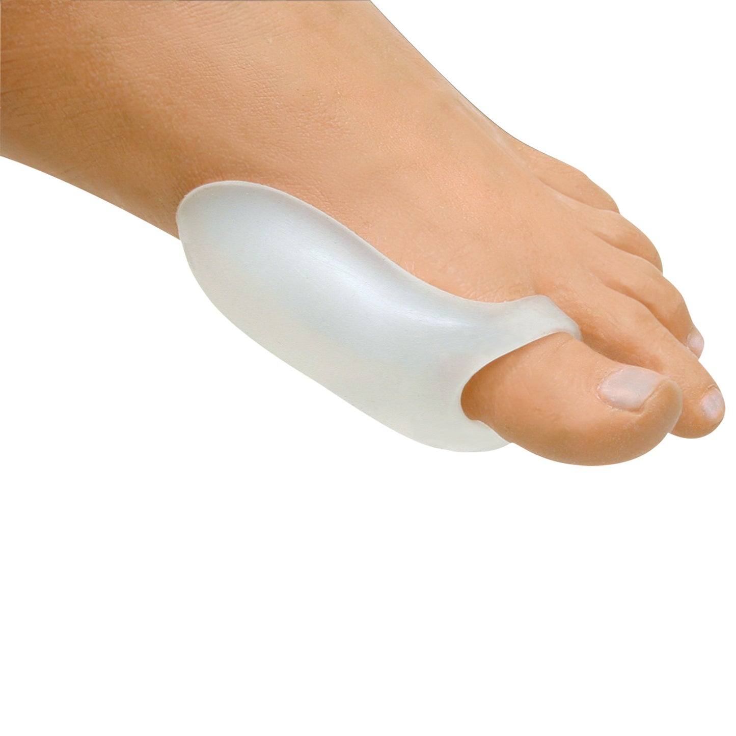 A foot wearing the PediFix Visco-GEL All-Gel Bunion Guard, a soft, translucent cushion covering the side and toe area.