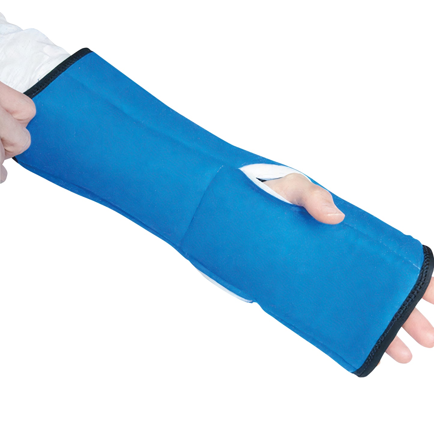 A person's hand wearing a Blue Brownmed IMAK RSI Pil-O-Splint. The splint supports the wrist and forearm.