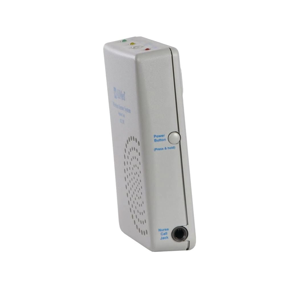 An AliMed Patient Alarm/Transmitter Unit. It's a rectangular grey device with a power button and nurse call jack.