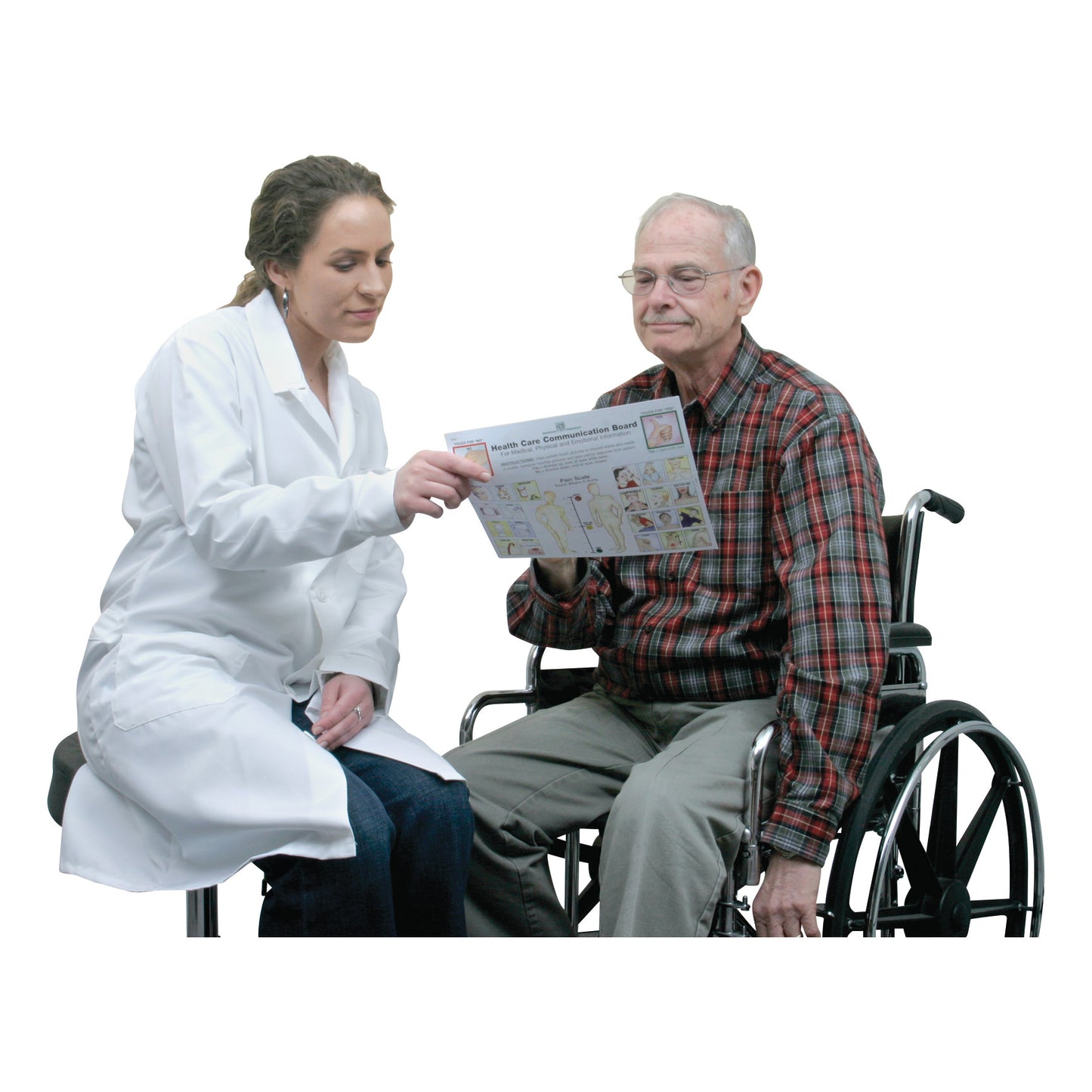 A person in a lab coat shows an older man in a wheelchair a "Health Care Disposable Communication Board."