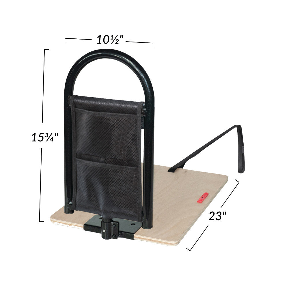 The Stander BedCane is shown with a black metal handle and an attached pouch, mounted on a wood base with dimensions labeled.