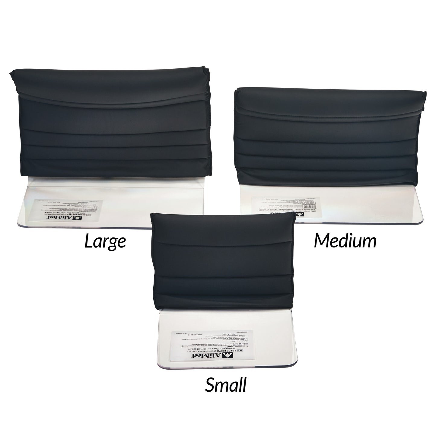 Three AliMed Padded Toboggan Covers in small, medium, and large sizes are displayed, featuring black padded sections on white bases.