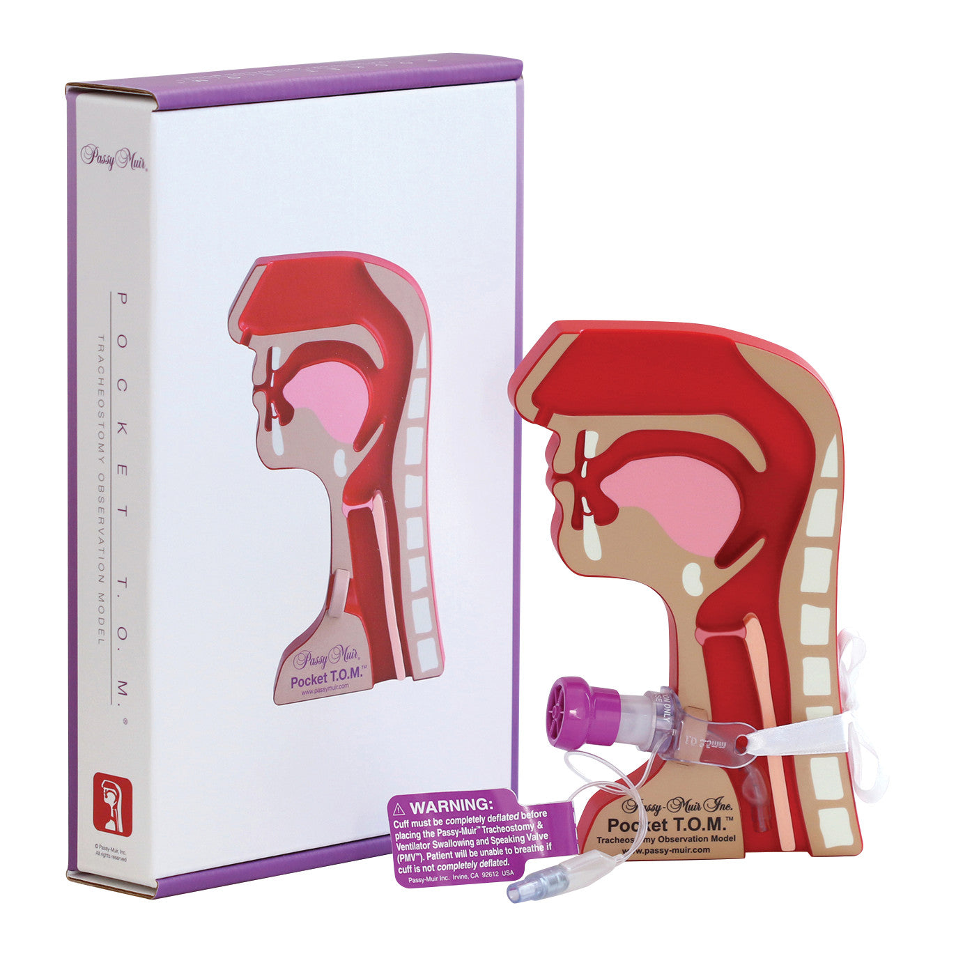The Passy Muir Pocket Tracheostomy T.O.M., a tracheostomy observation model with packaging, a warning card, and components.