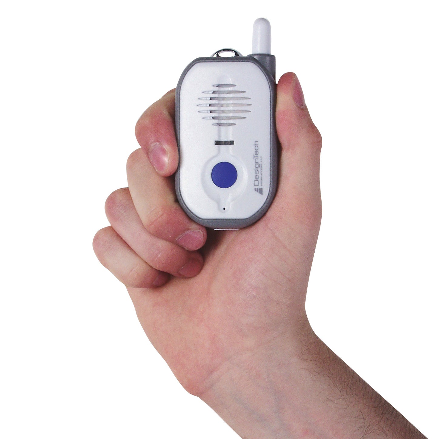 Hand holding a Guardian 911 device with a white body, blue button, and antenna.
