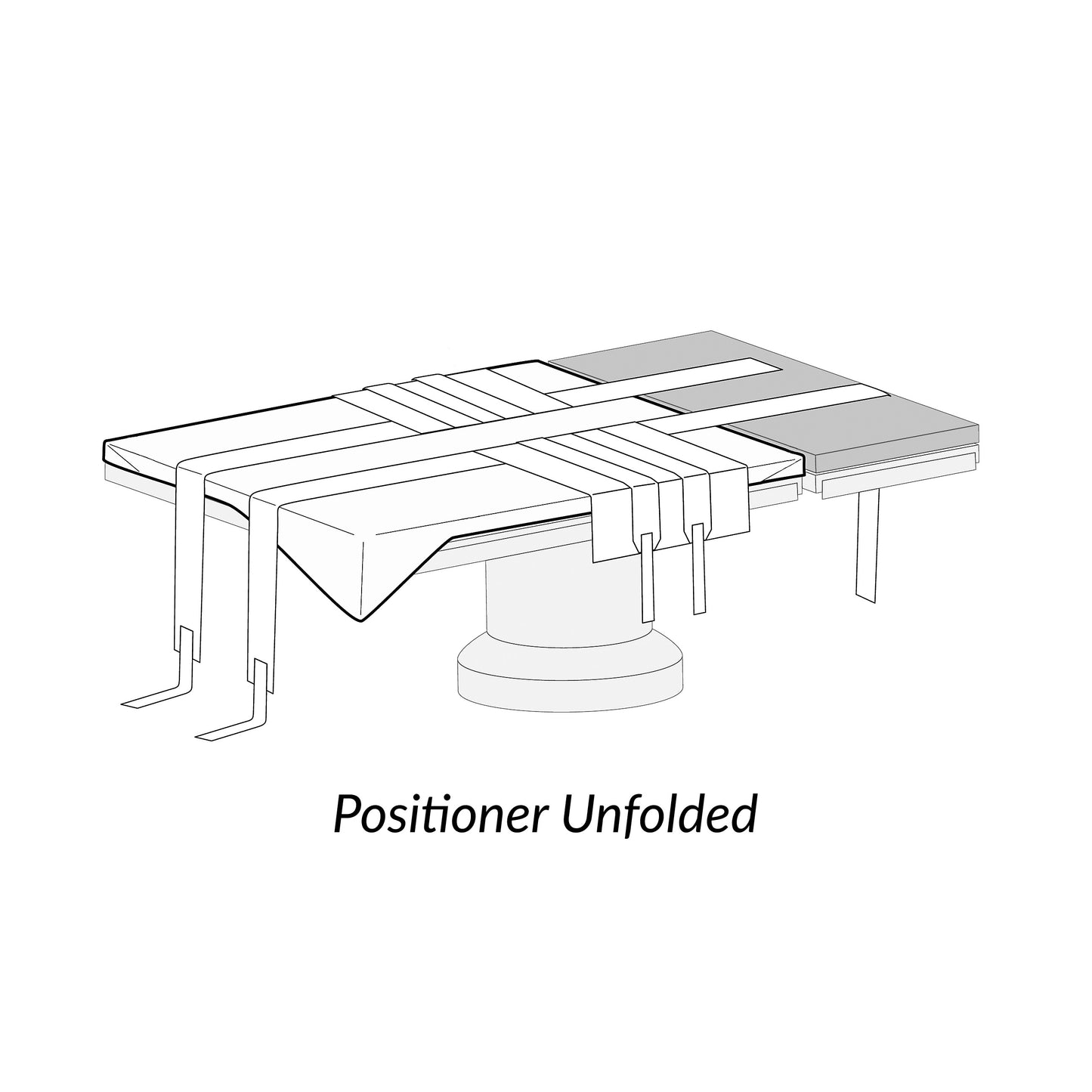 Line drawing of an AliMed Trendelenburg Stabilizer unfolded, showing straps on a surgical table.