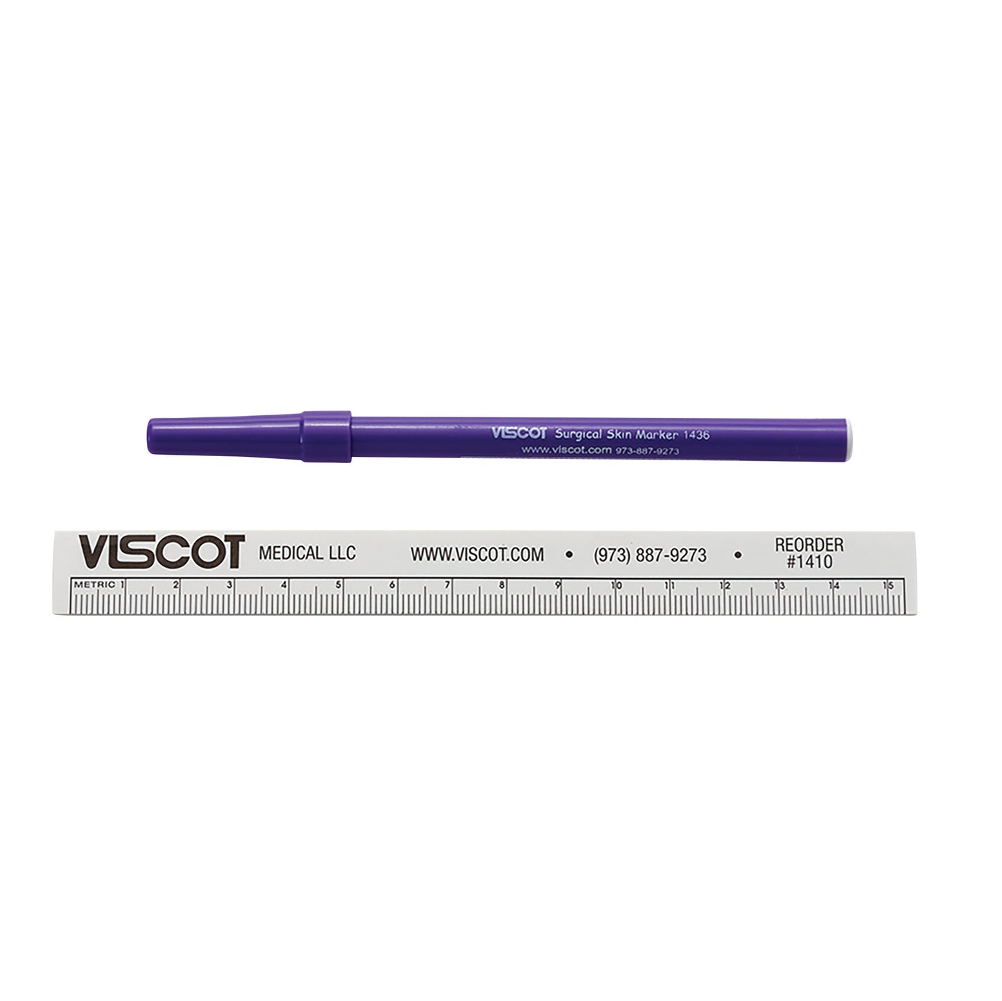 A purple Viscot Ultra Fine Skin Marker alongside a white Viscot ruler marked with metric measurements.