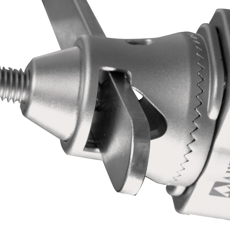 Close-up of the AliMed Clark Socket Plus, Slide-On Table Clamp in silver, showing its adjustable and serrated metal design.