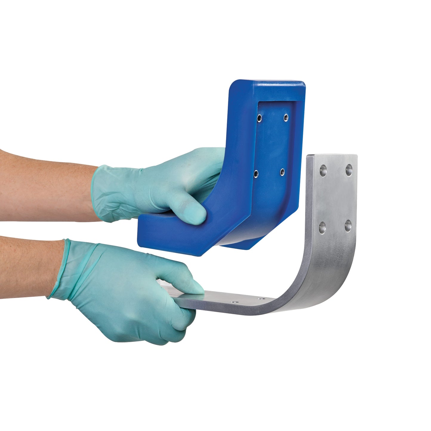 A person wearing gloves holds an AliMed Fluid-Proof Arthroscopic Leg Holder, featuring a blue padded section and metal support.
