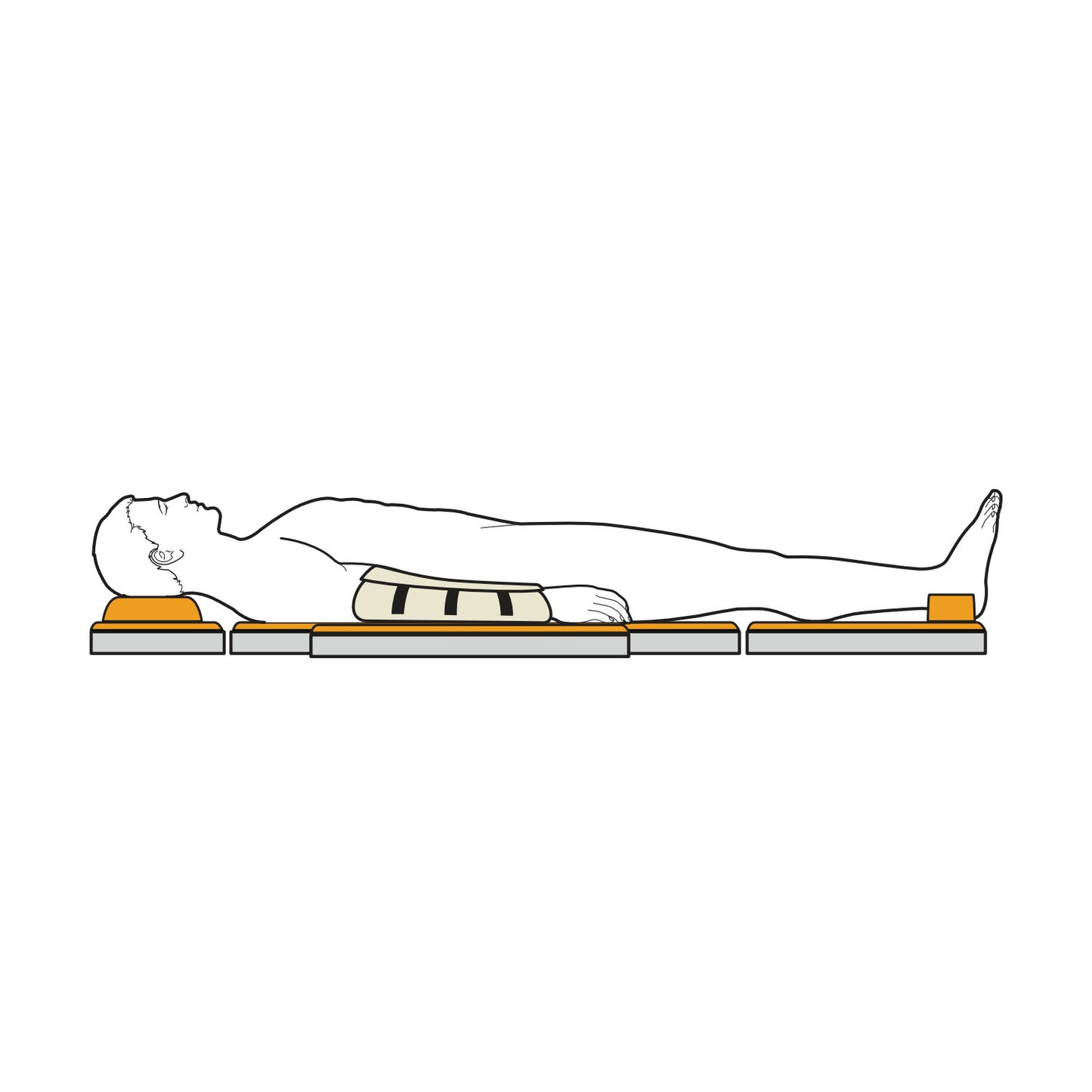 Illustration of a person using the AliMed AliGel Select Positioning Set. Pads support the head, arms, and legs for alignment.