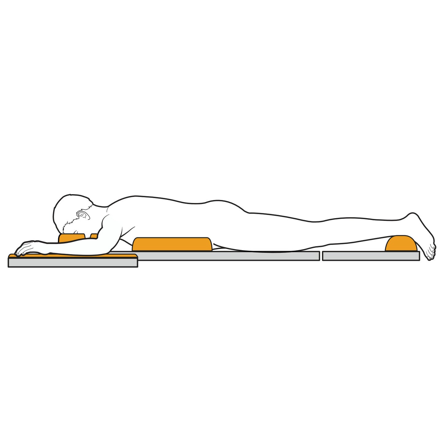 Illustration of a person using the AliMed AliGel Prone Positioning Set, shown with gel pads supporting head, chest, and legs.