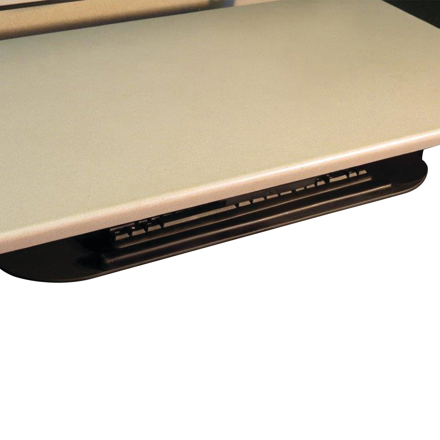 A Weber Knapp Ultra Compact Keyboard Tray, featuring a sleek, beige top surface with a black sliding mechanism underneath.