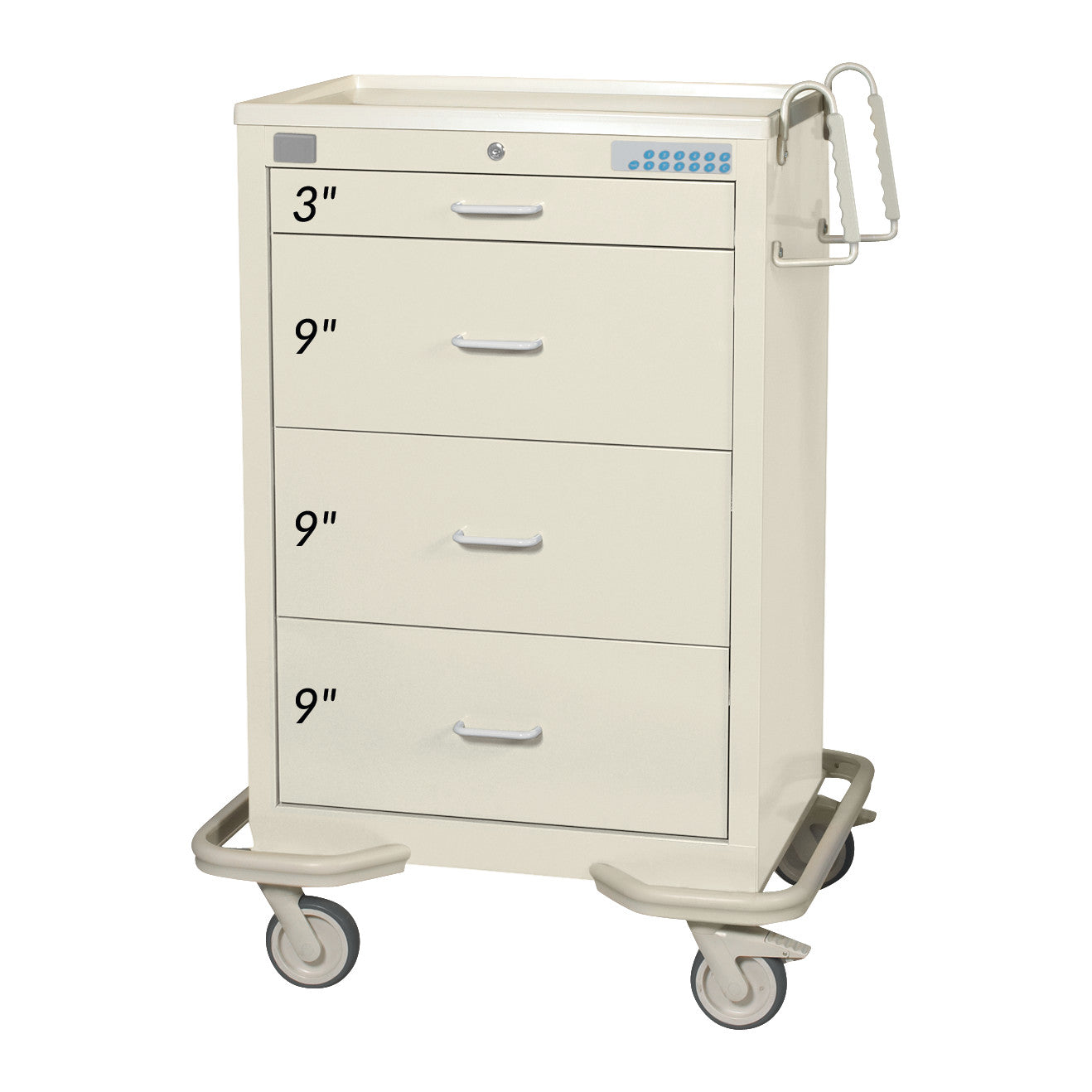 AliMed Standard Series 4-Drawer Isolation Cart with Proximity Lock, featuring three 9-inch drawers and one 3-inch drawer on wheels.