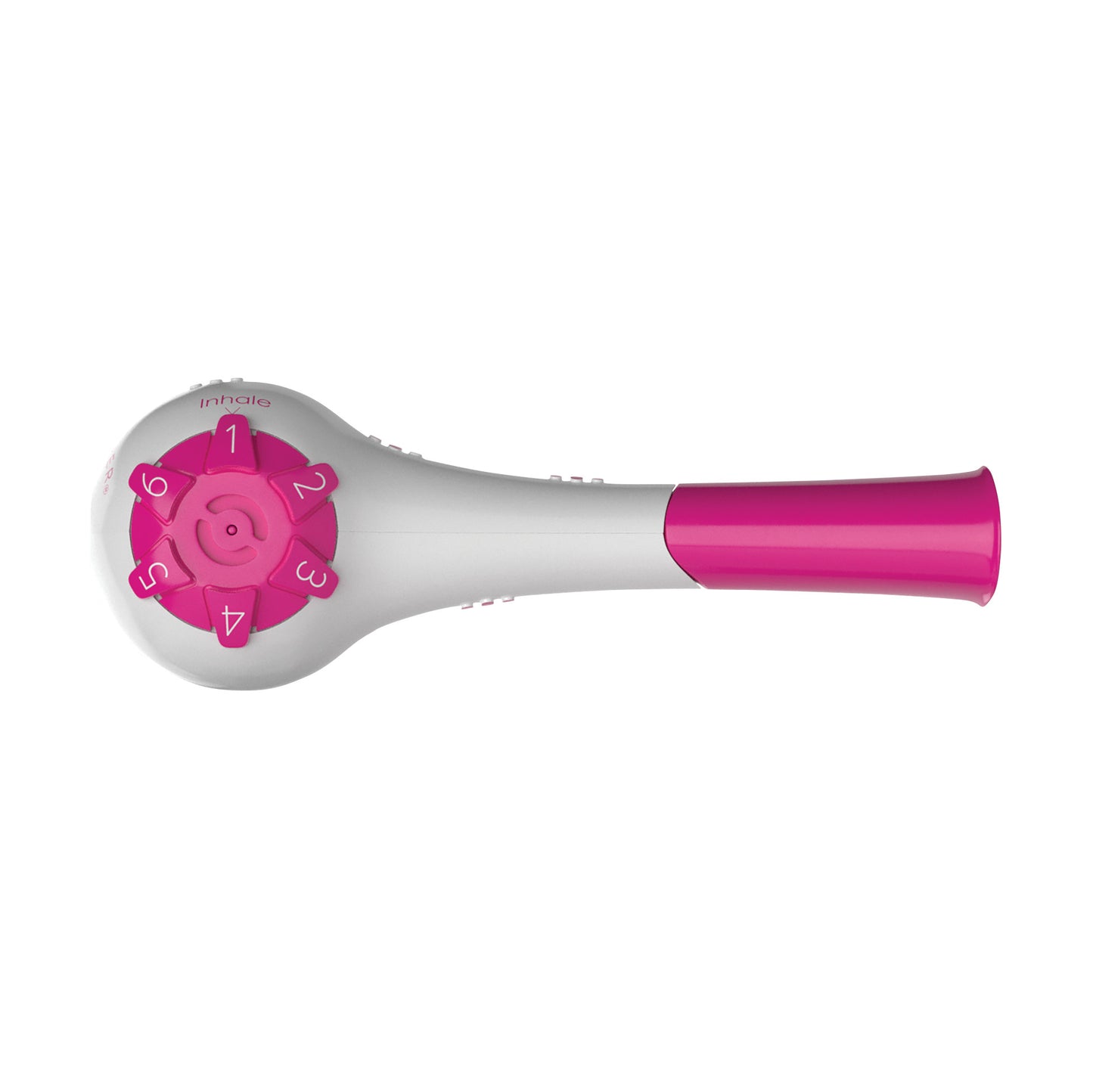 THE BREATHER Respiratory Muscle Trainer, featuring a white and pink design with a numbered dial for inhalation levels.