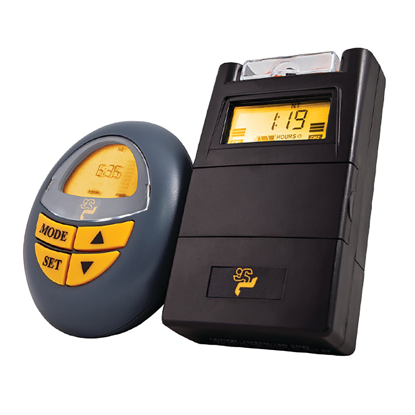 The Pain Management Technologies JStim 1000 Knee System, featuring two electronic devices with display screens and yellow co.