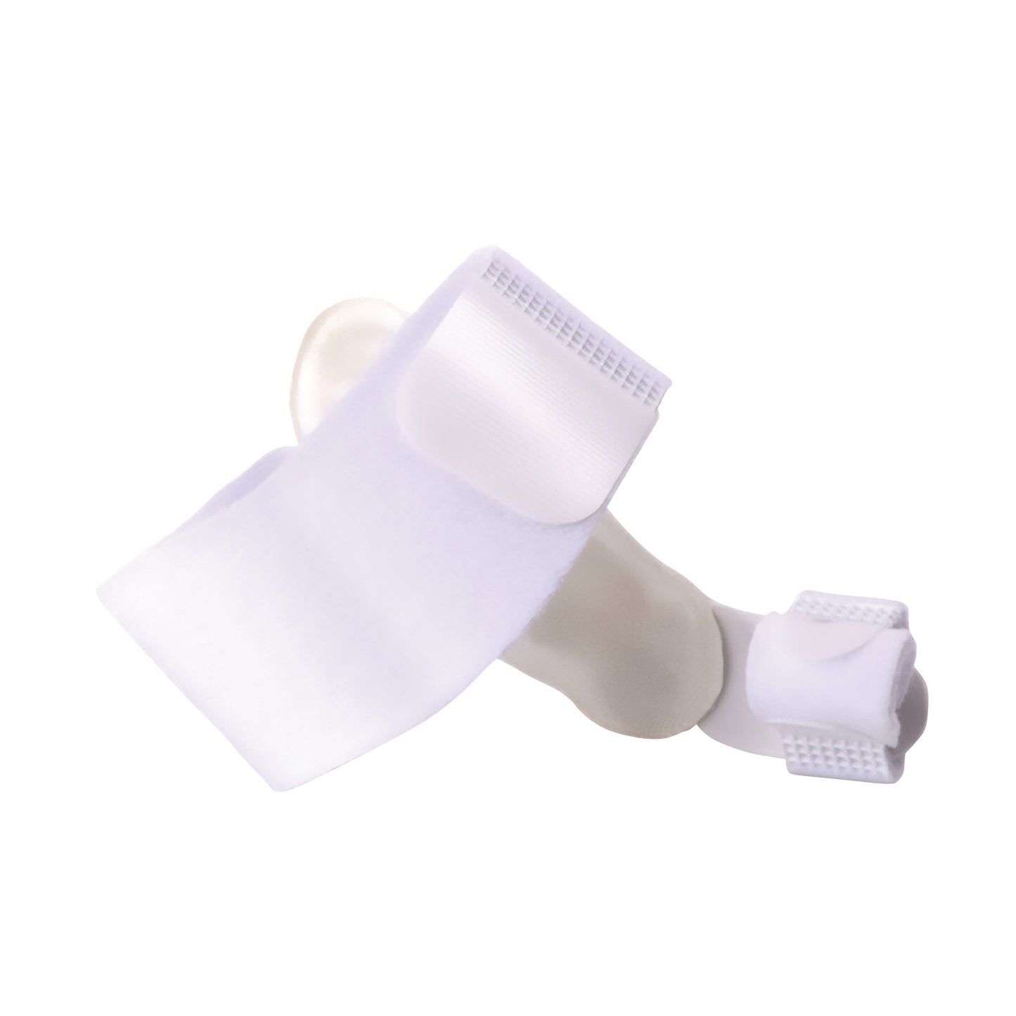 A Silipos Day and Night Gel Bunion Splint with white fabric and a gel pad, designed to align and cushion the big toe.