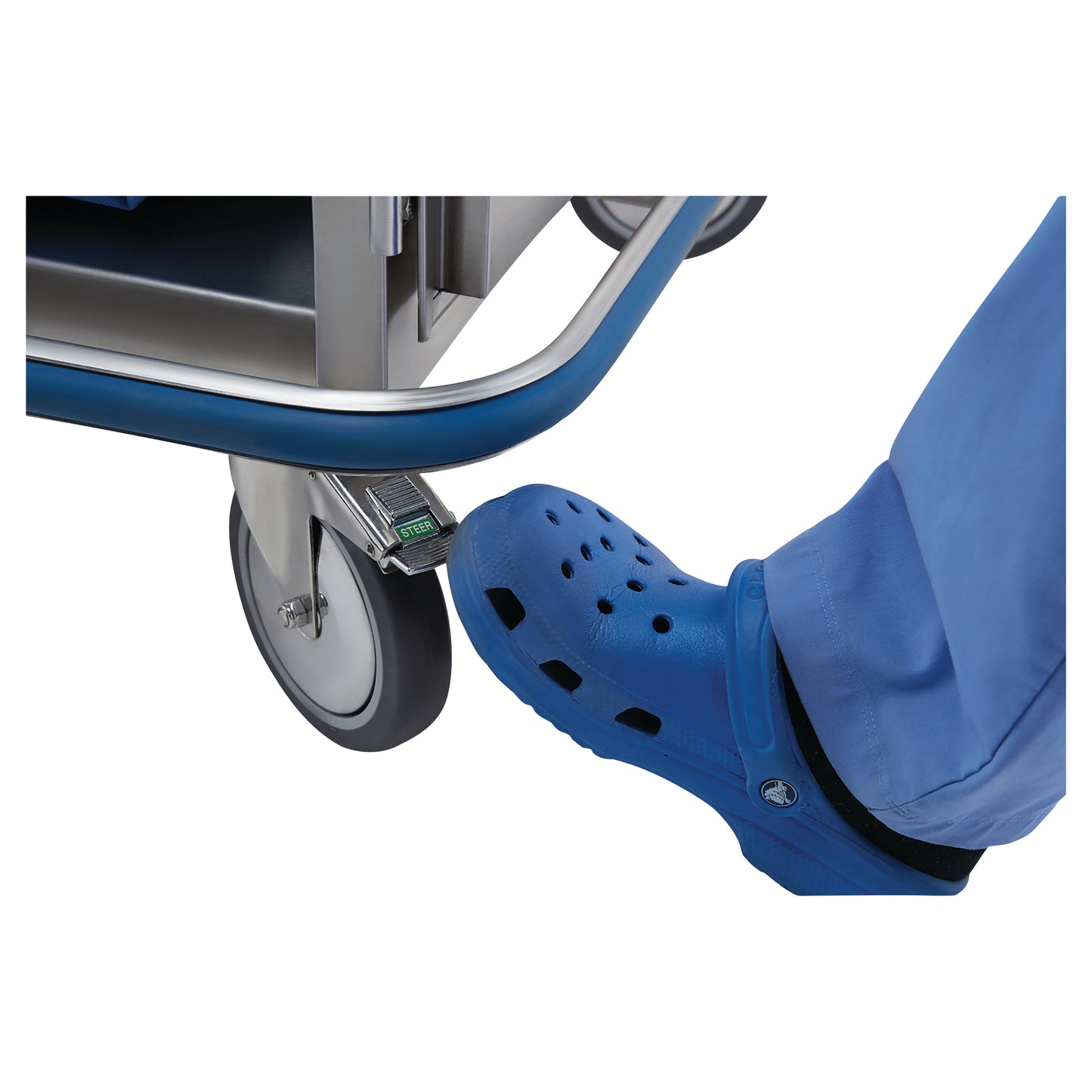 A foot in blue footwear operates a Blickman Mini Case Cart wheel lock mechanism with a "STEER" label on the caster.