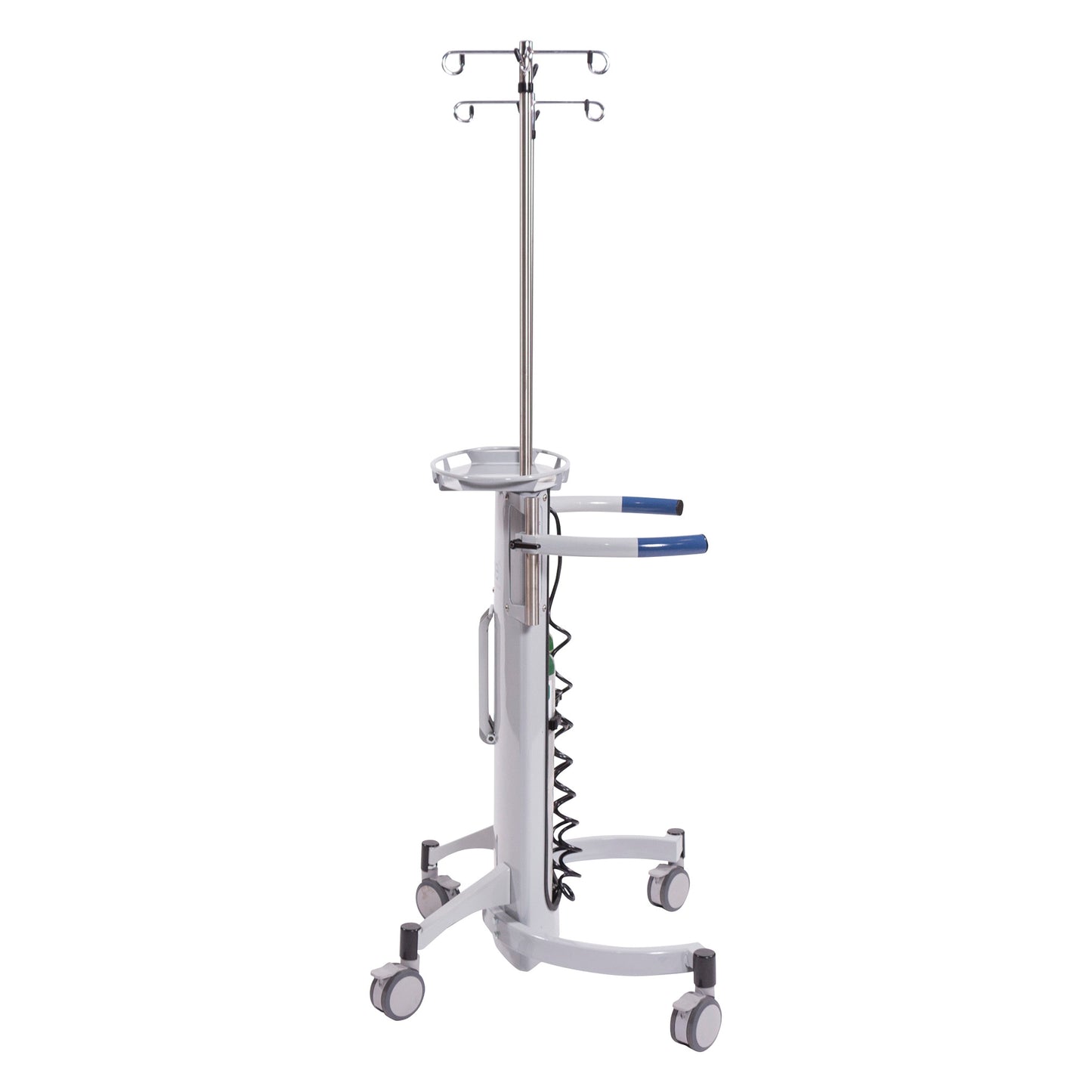 A Blickman Nezzie Ambulation Device with four wheels, handles, an IV pole, and a wire basket for medical use.