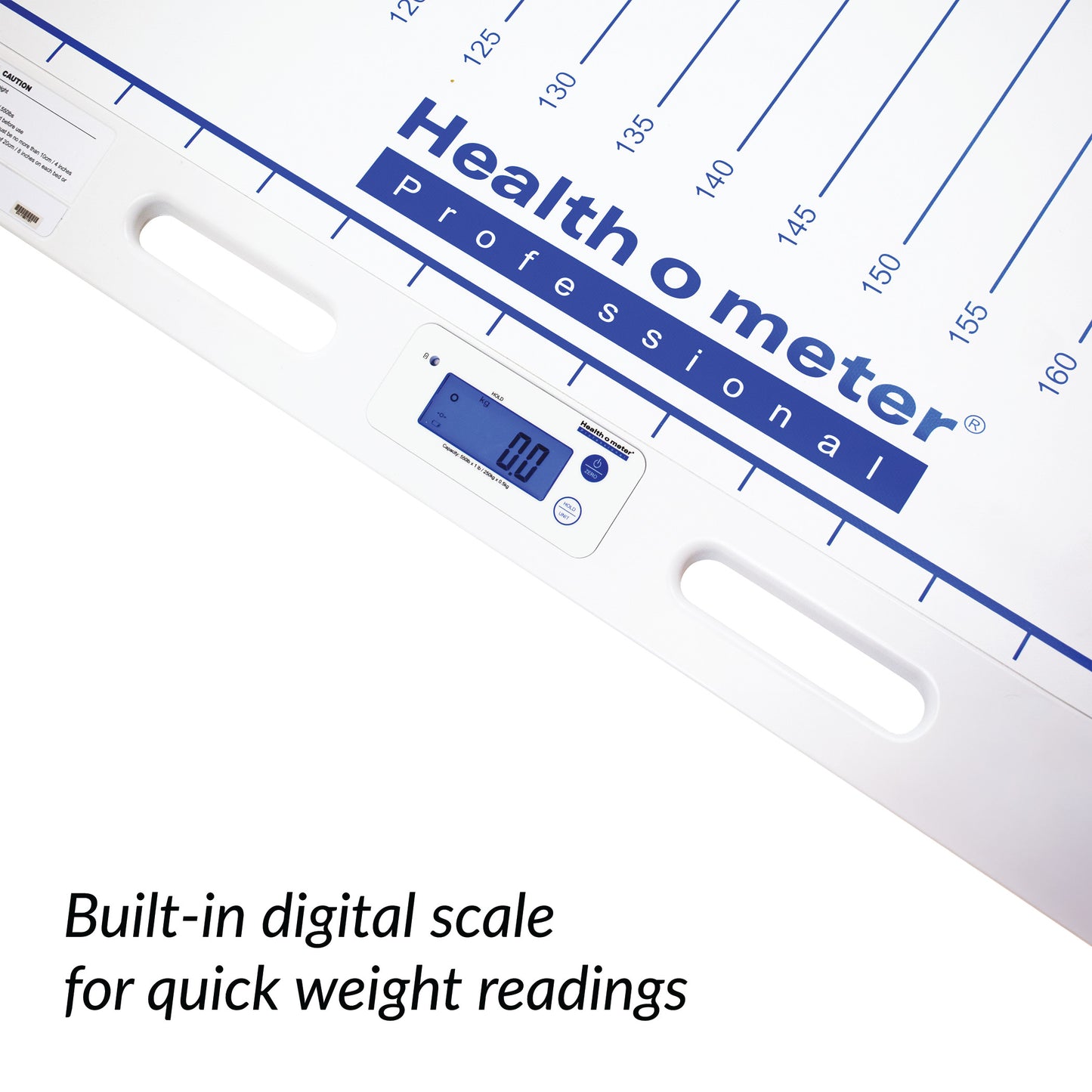 Health o meter Patient Transfer Scale with digital display and blue measurement lines on a white background.