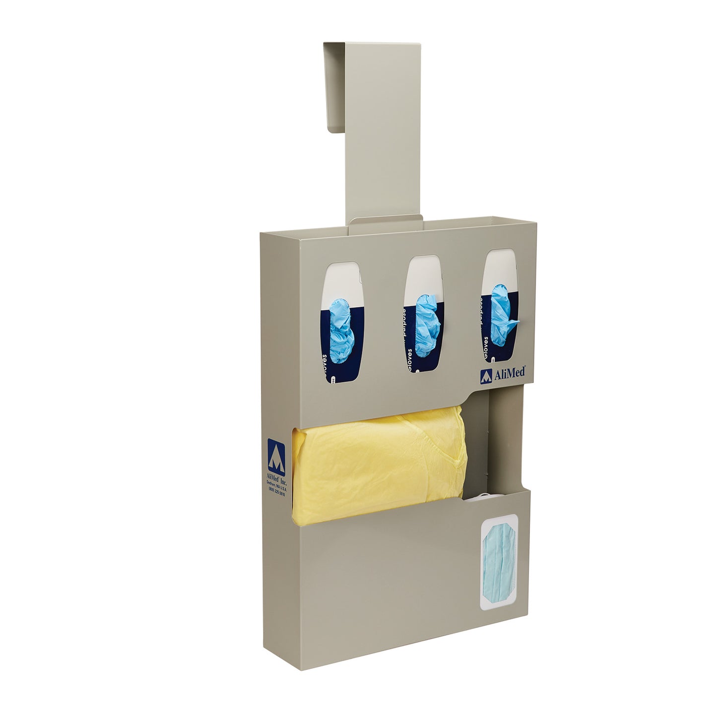Metal AliMed Isolation Station with slots for blue gloves, a yellow gown, and a blue mask, designed for door mounting.