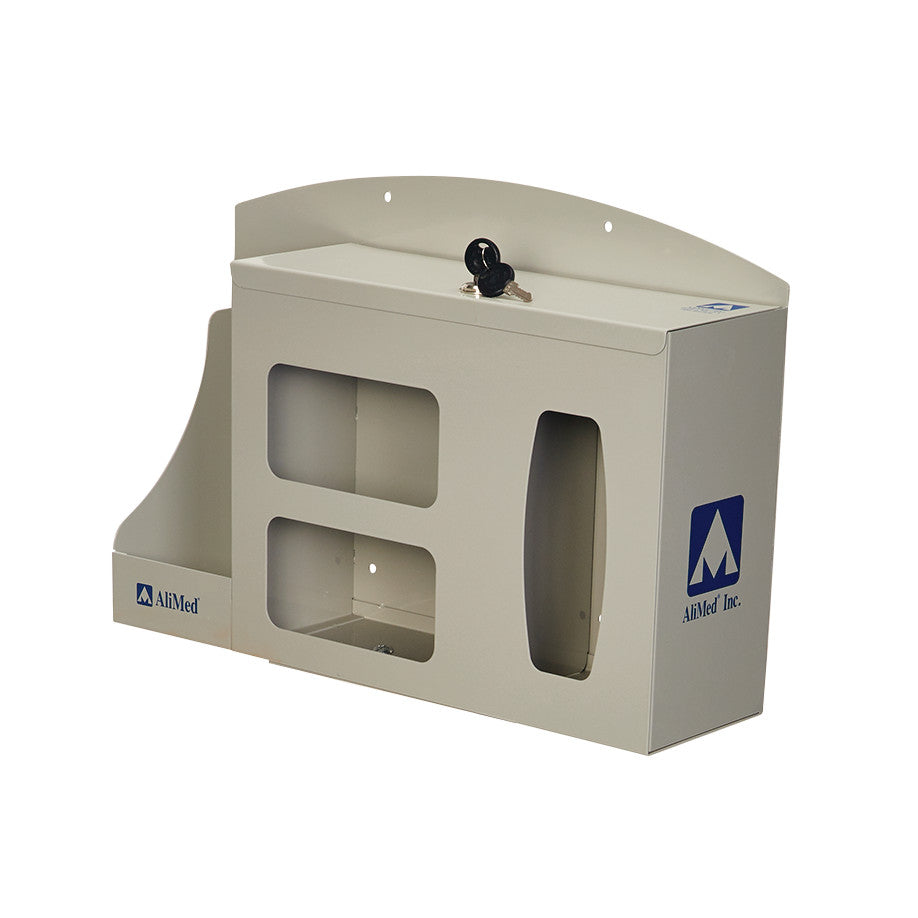 AliMed Infection Prevention Station is a beige wall-mounted unit with compartments and a lock on top.