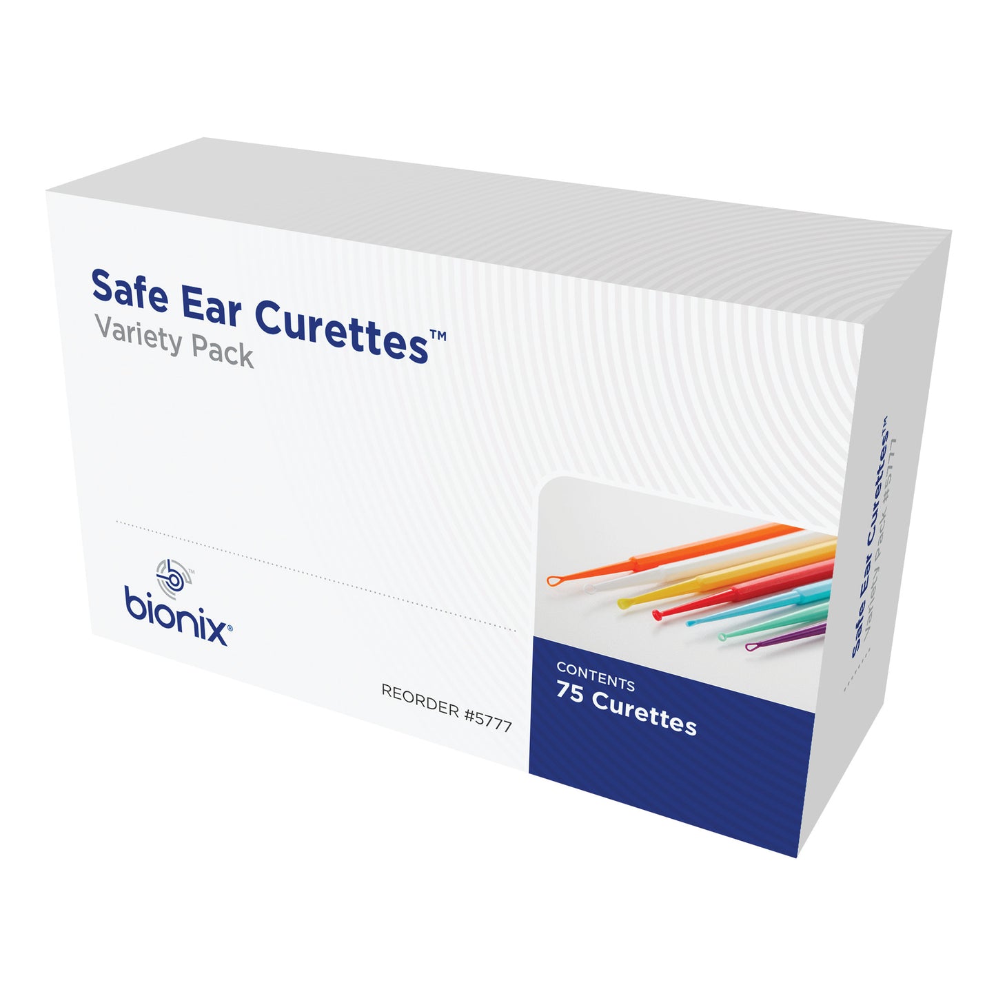 Box of Bionix Safe Ear Curette Variety Pack with 75 curettes in assorted colors.