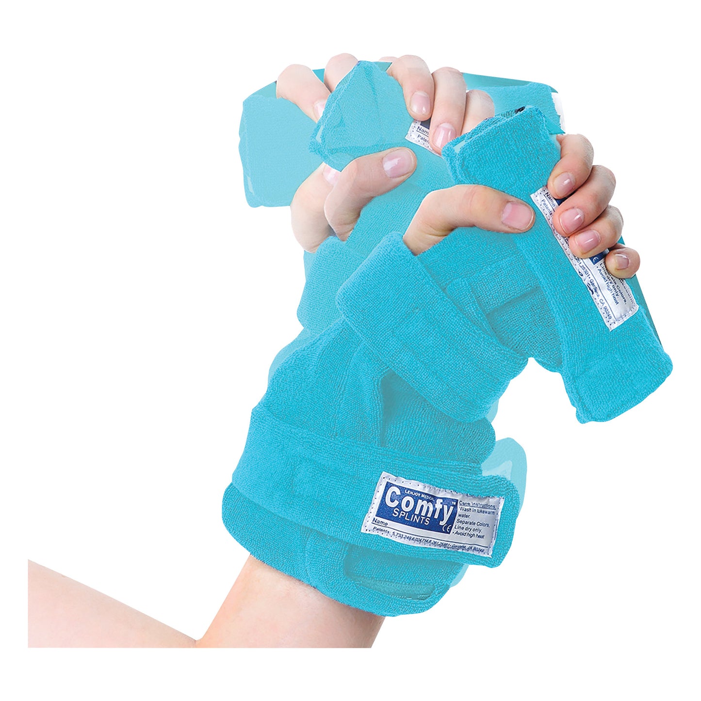 The Comfy Splints Pediatric Deviation Finger Extender Hand Orthosis in turquoise, worn on a hand for support.