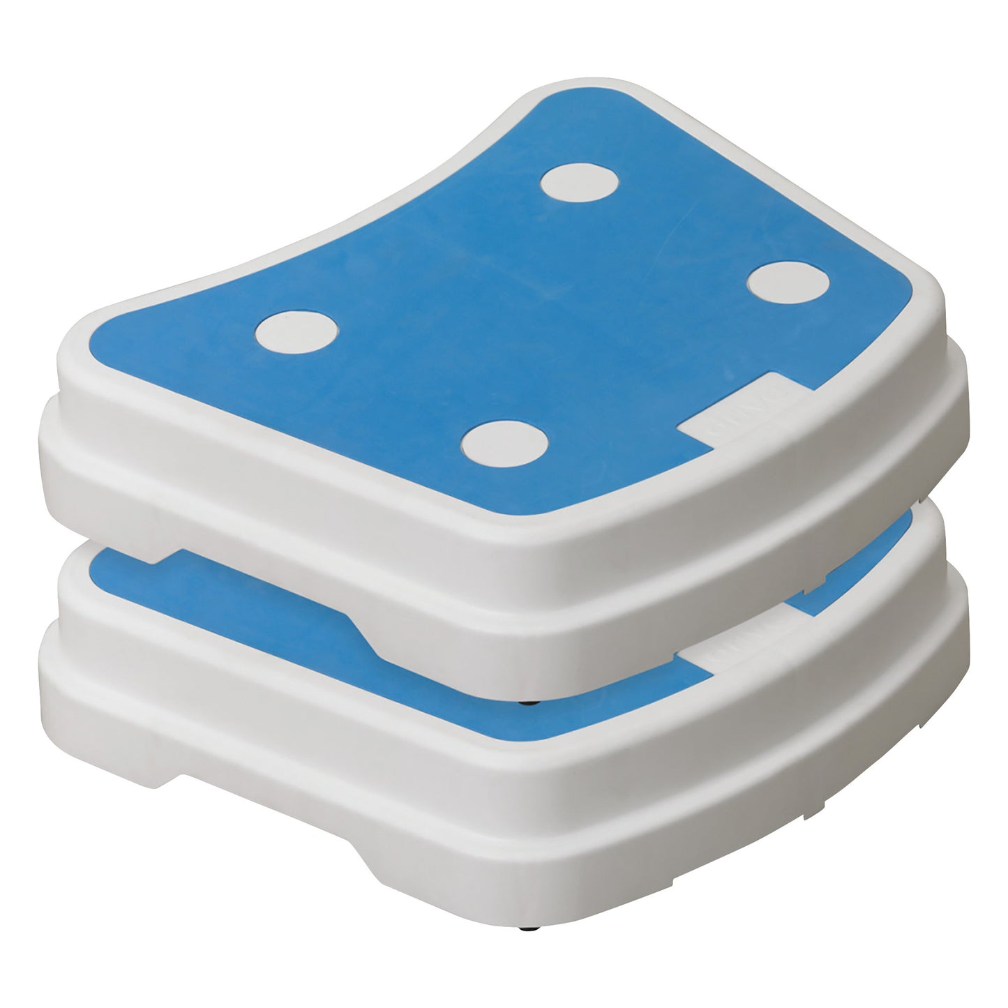 Two stacked Drive Medical Portable Bath Steps with a white frame and blue anti-slip surfaces featuring white circles.