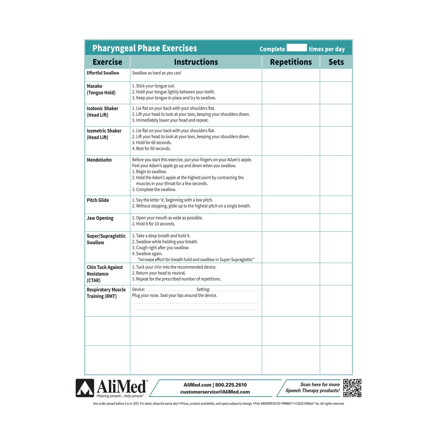 The AliMed Swallow Rehabilitation Guide, featuring a table of pharyngeal phase exercises with instructions, repetitions, and.