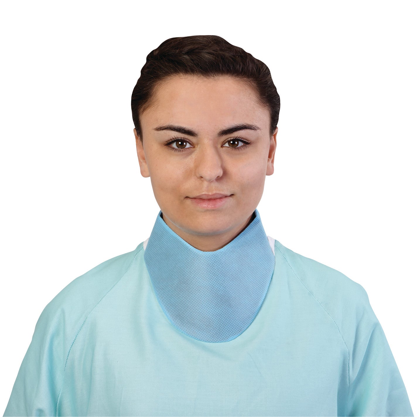 Person wearing the Barrier Technologies Ultralight Disposable Thyroid Shield, a light blue protective shield.