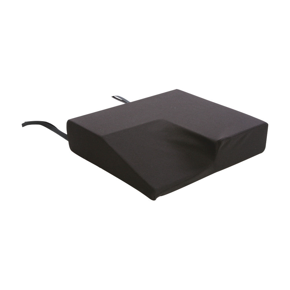 A black cushion with a sloped design and securing straps; this is the Optional Cover for AliMed AliHip Wheelchair Cushion, Home Model.