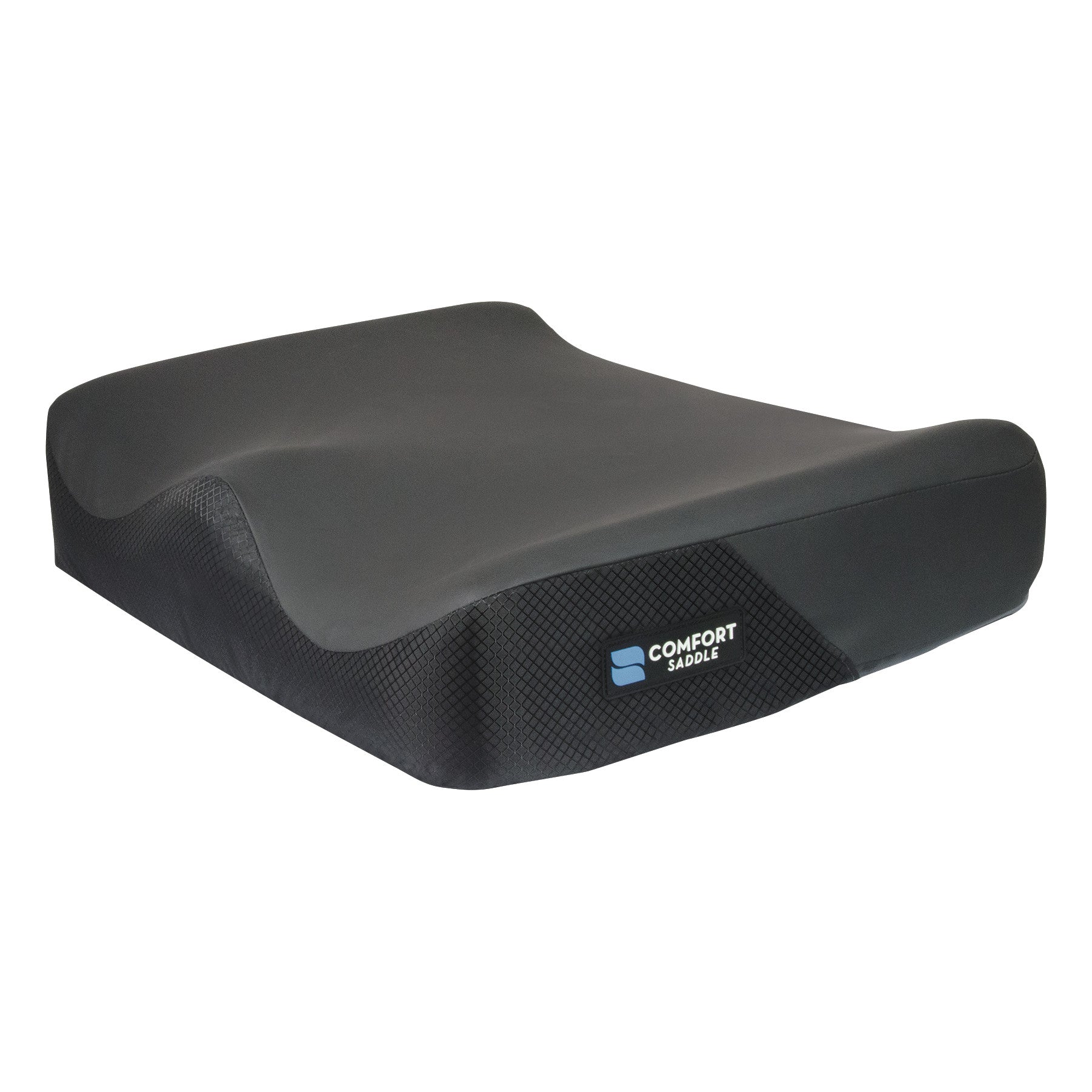 A Comfort Saddle Zero Elevation Bariatric Wheelchair Cushion with QuadraGel Pack, featuring a contoured black design for support.